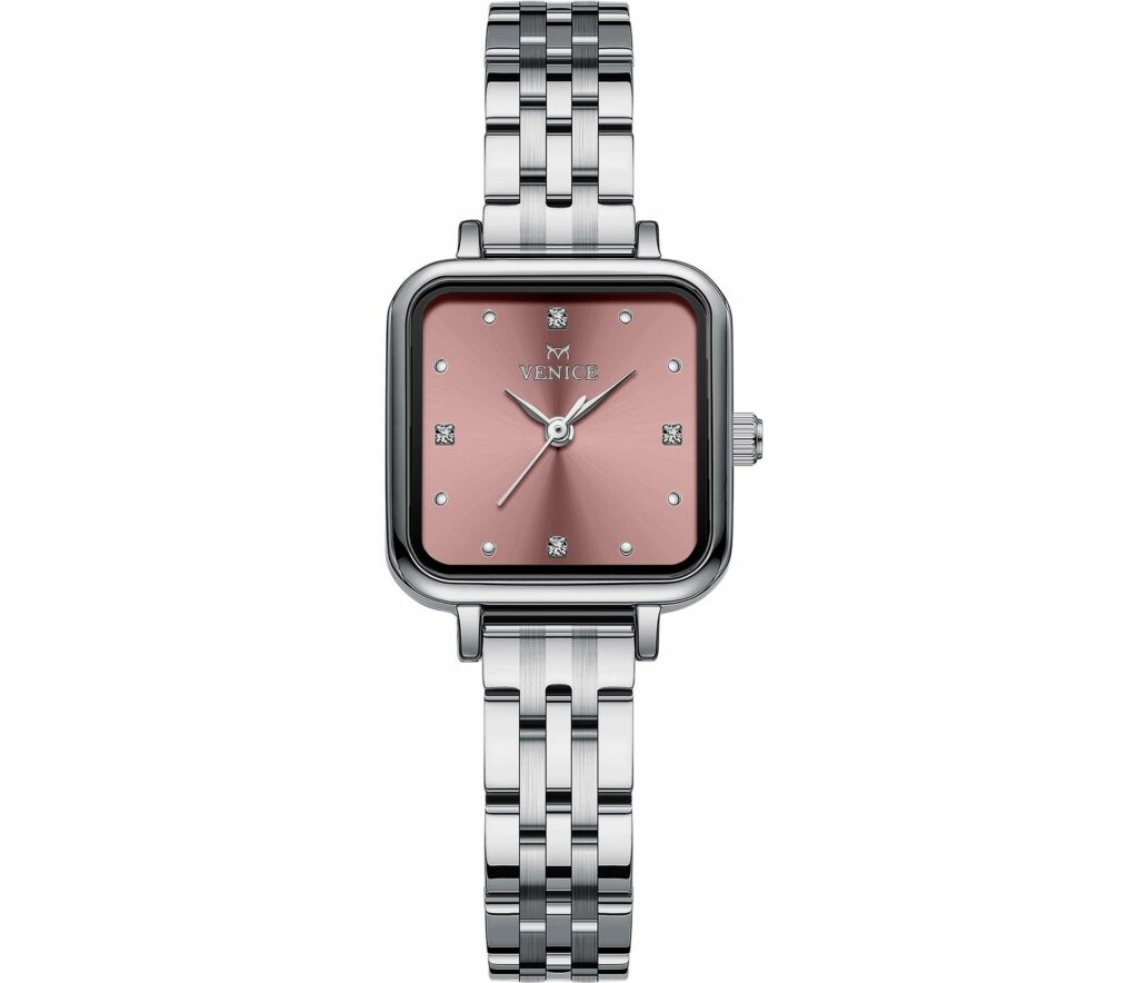 نمای روبرو ساعت ونیز زنانه نقره ای با صفحه صورتی