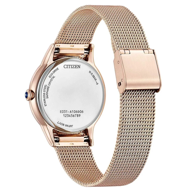 نمای روبرو ساعت زنانه سیتیزن رزگلد با صفحه سفید